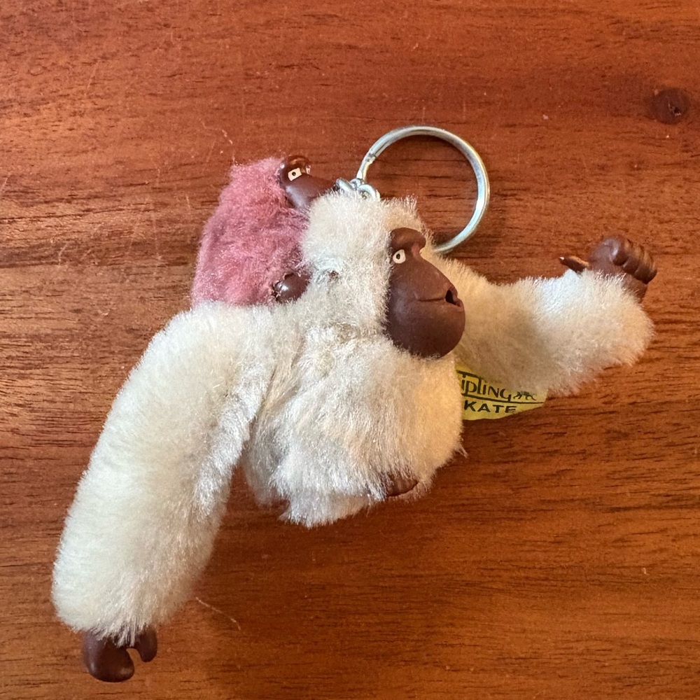Kipling Beige Monkey Kate with pink baby monkey on back Keychain Bag Charm